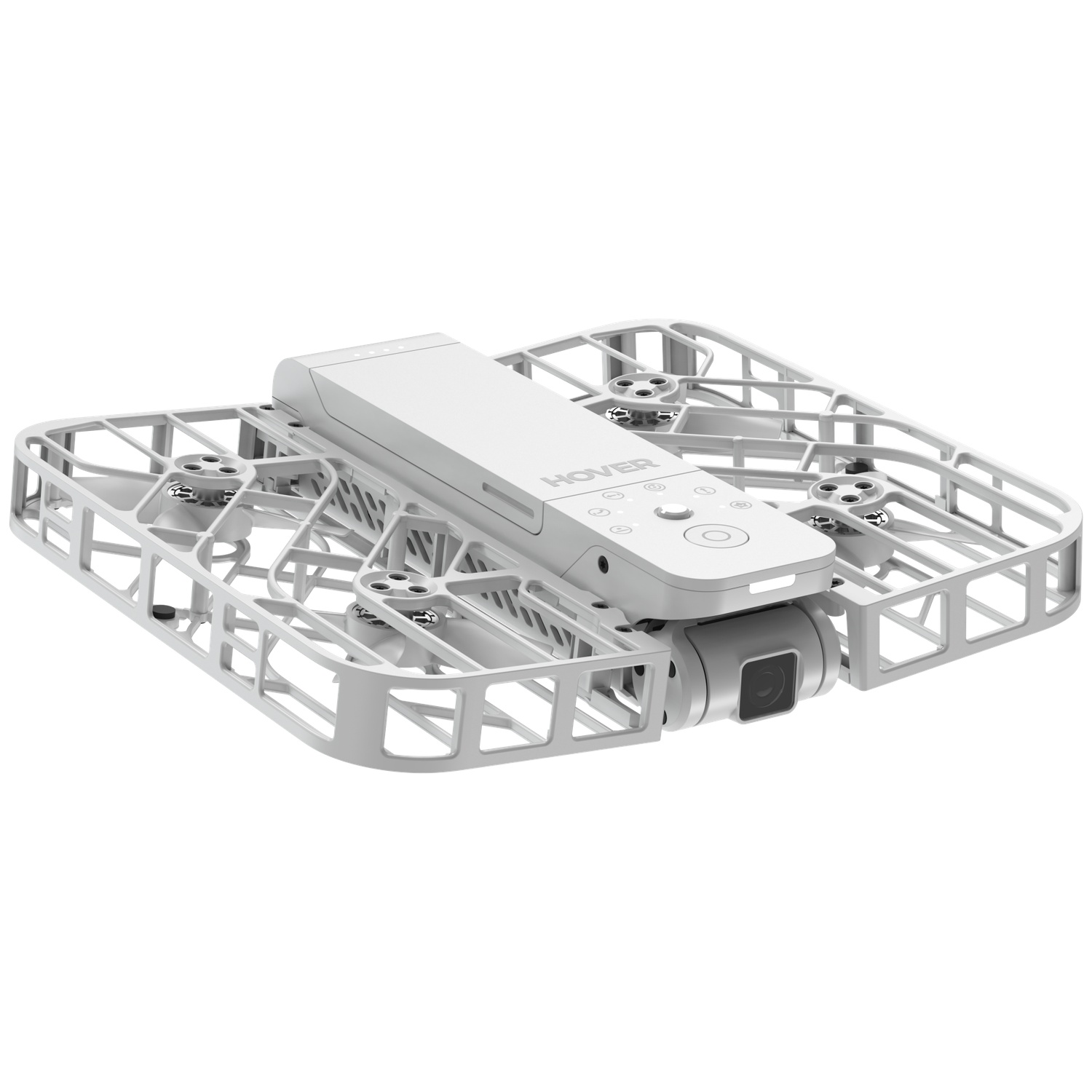 Een witte mini-drone met camera en propellerbeschermers is geïsoleerd.
