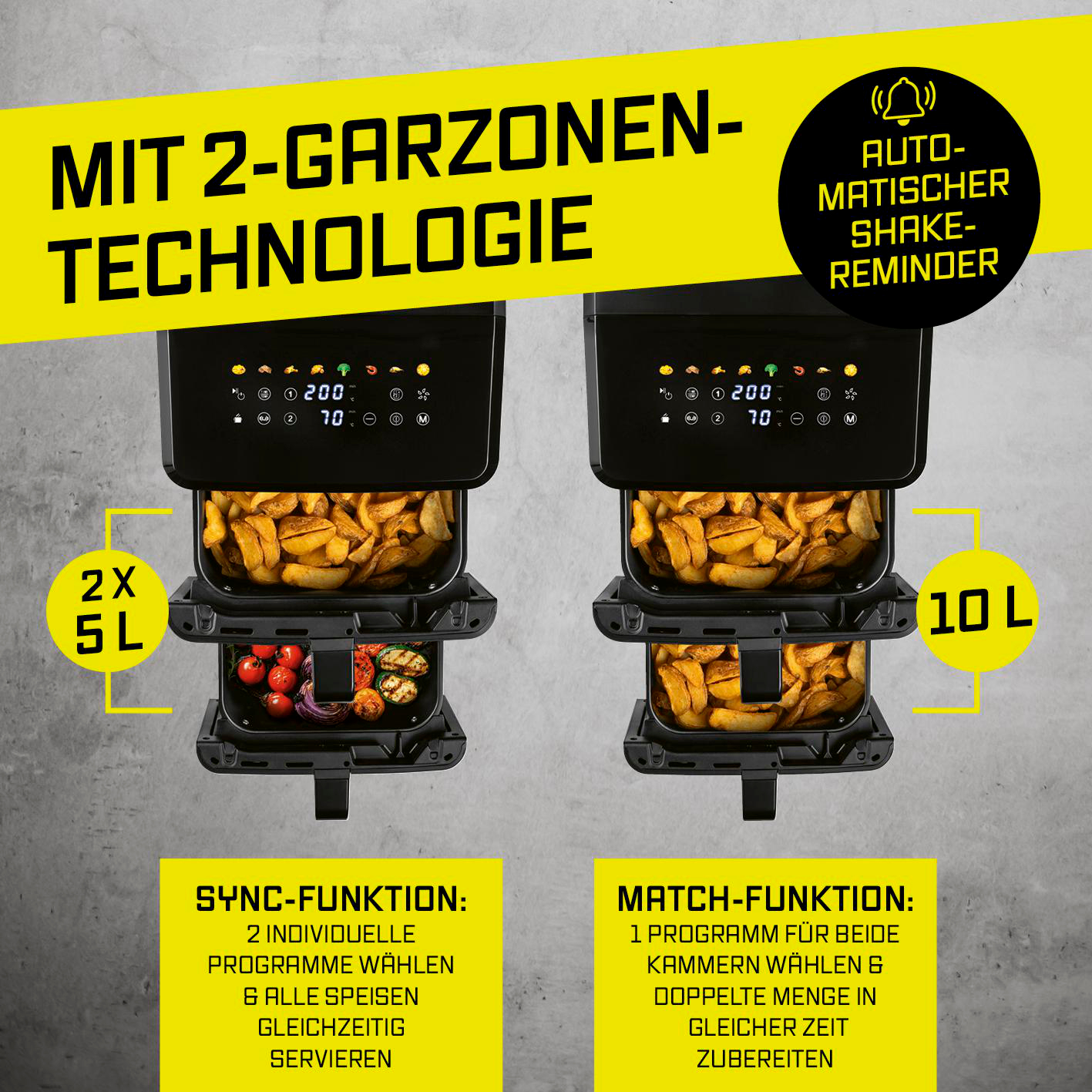 Doppel-Heißluftfritteuse mit 2x 5L oder 10L Kapazität, Sync/Match Funktion.