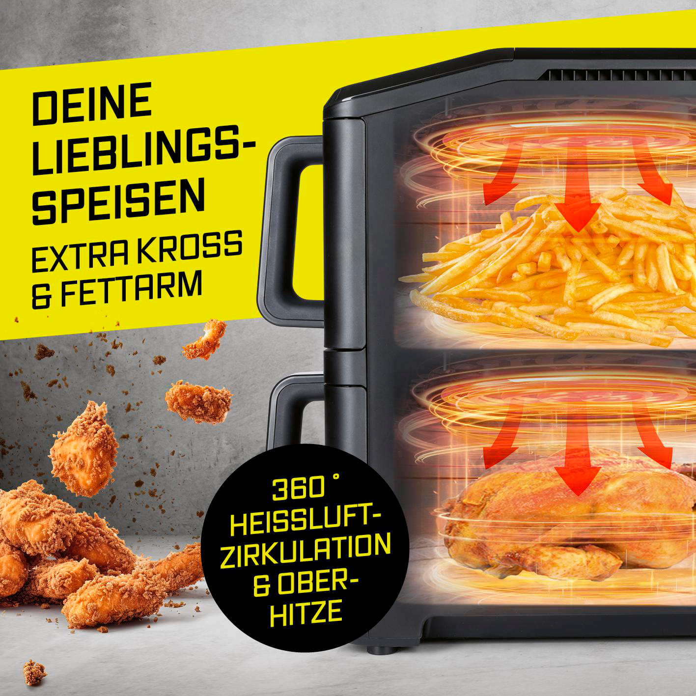 Heißluftfritteuse mit Hähnchen und Pommes, 360° Heißluftzirkulation.