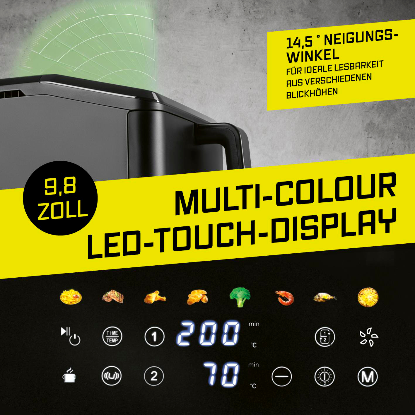 Ein schwarzes Gerät mit gelbem Text. Zeigt 9,8 Zoll und Multi-Colour LED-Touch-Display.