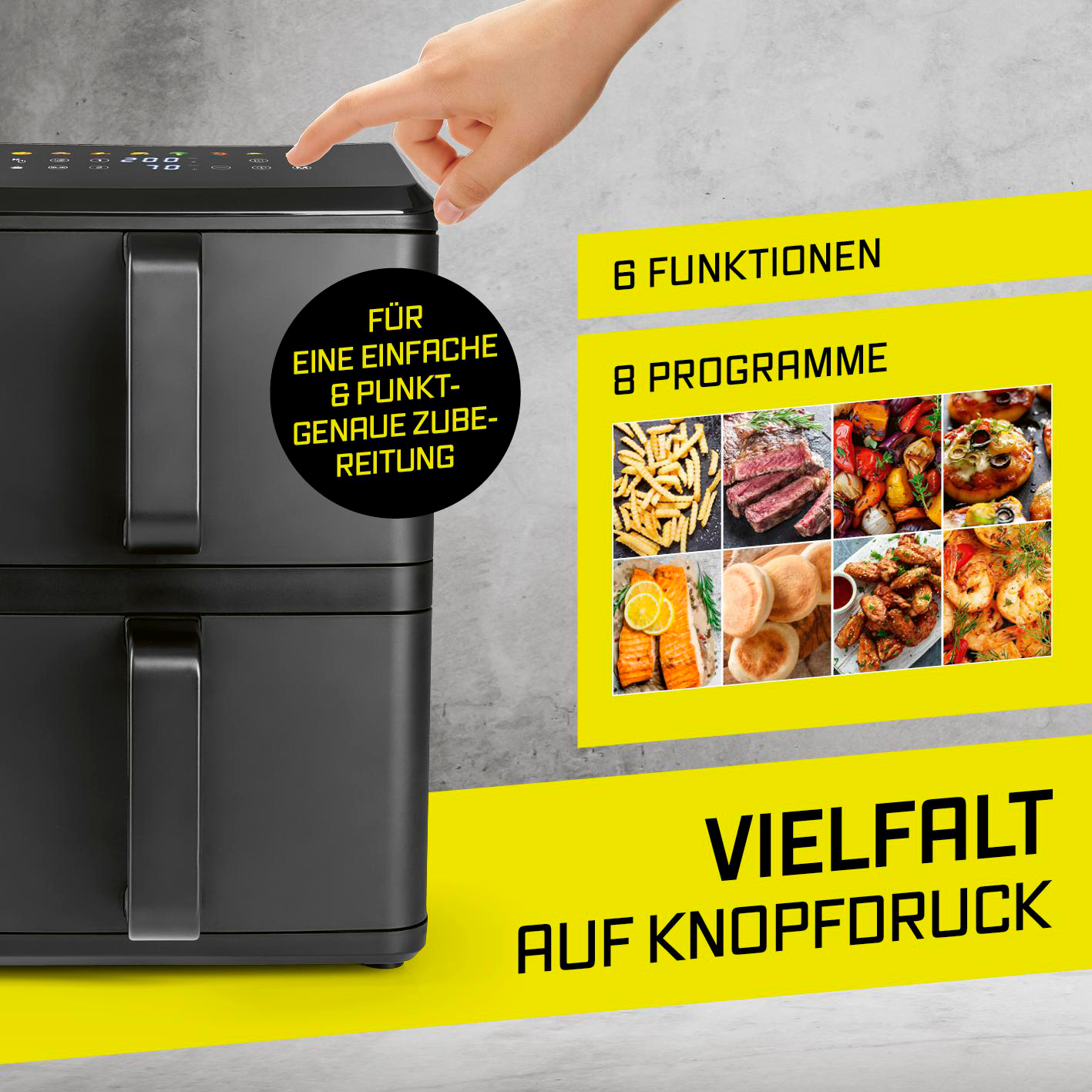 Ein schwarzer Heißluftfritteuse mit Bedienfeld und einem Bild von Speisen. 6 Funktionen, 8 Programme.