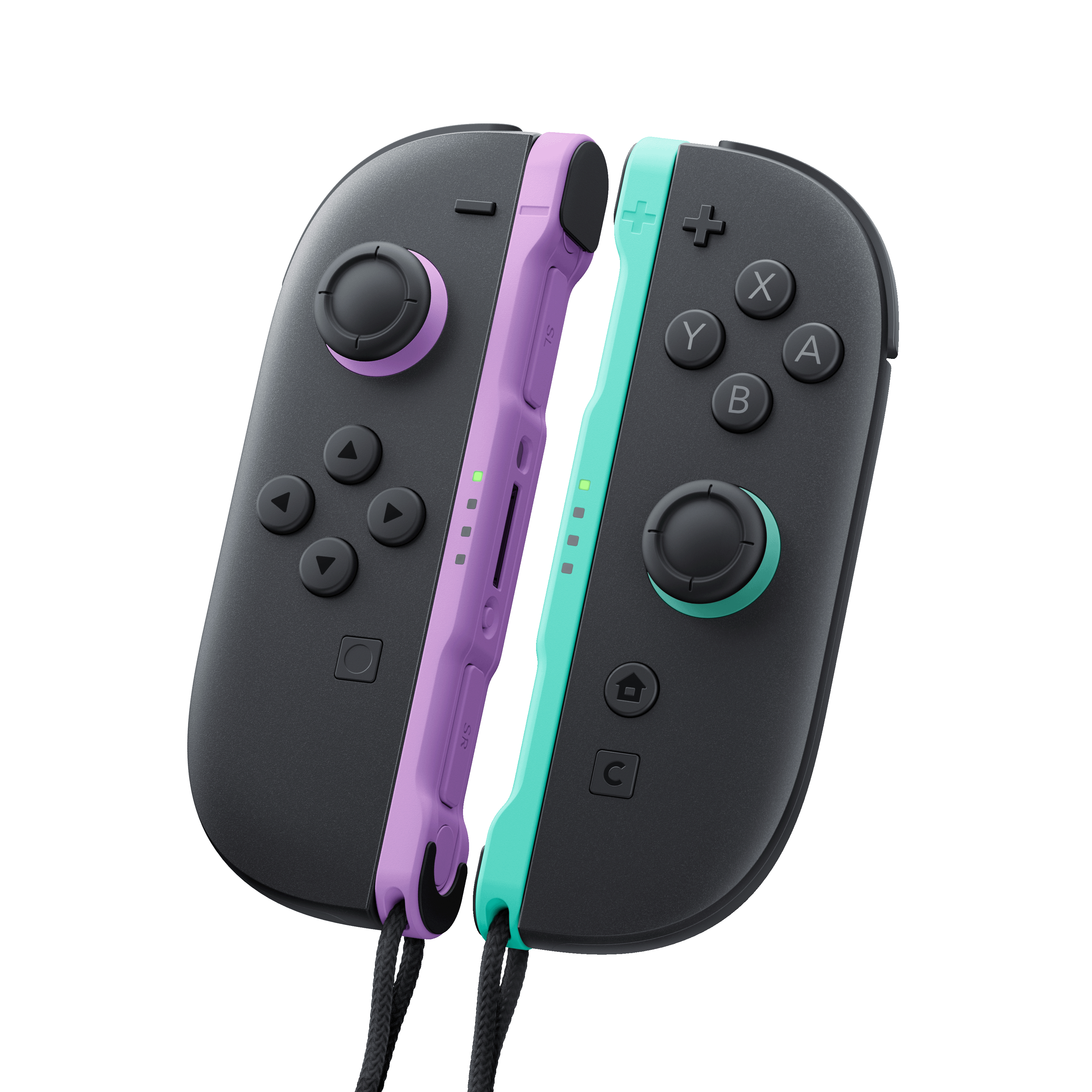 Zwei Nintendo Switch Joy-Con Controller in Grau mit lila und mintgrünen Akzenten.