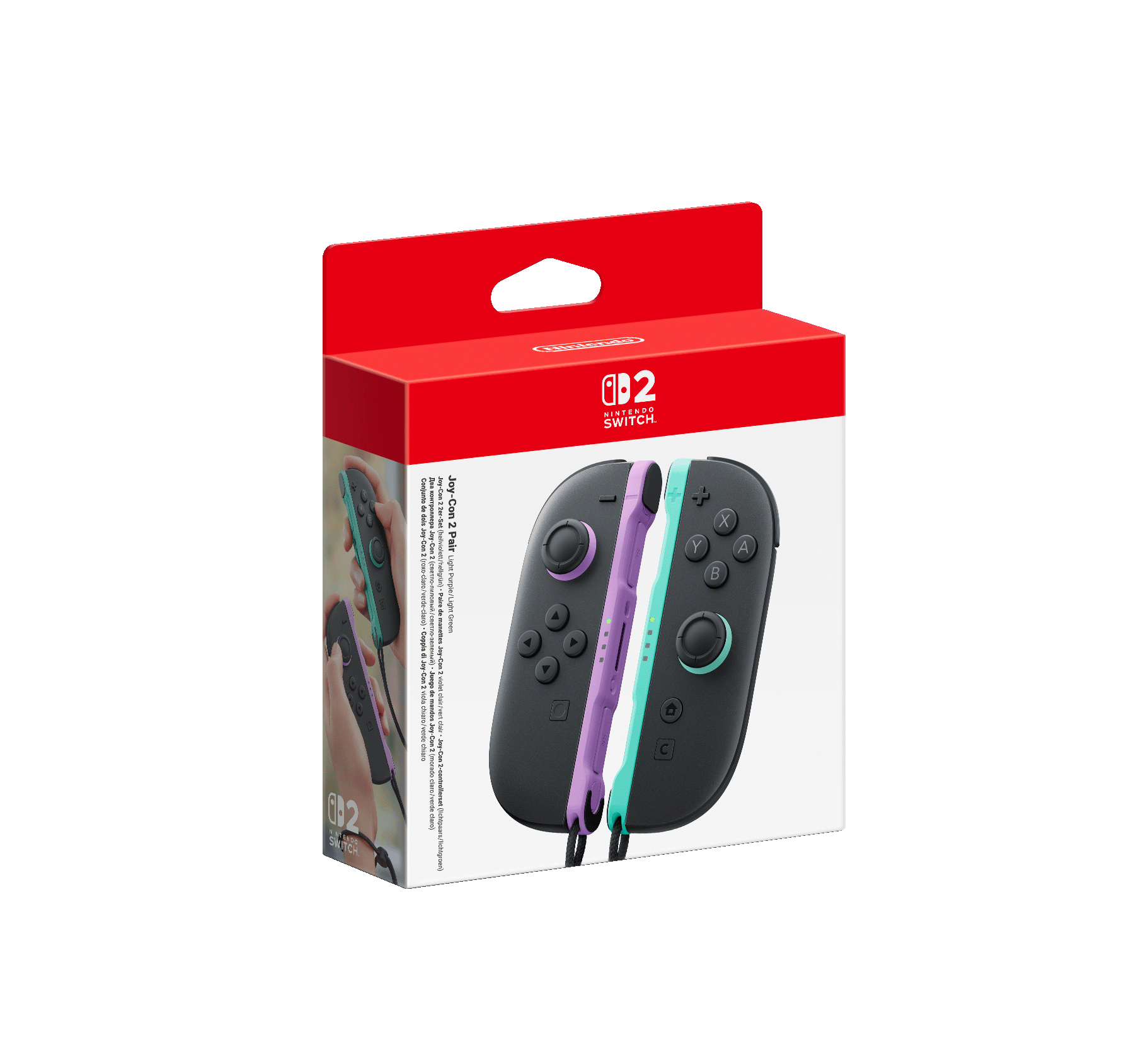 Verpackung mit Nintendo Joy-Con Controllern in Hellviolett und Hellgrün.