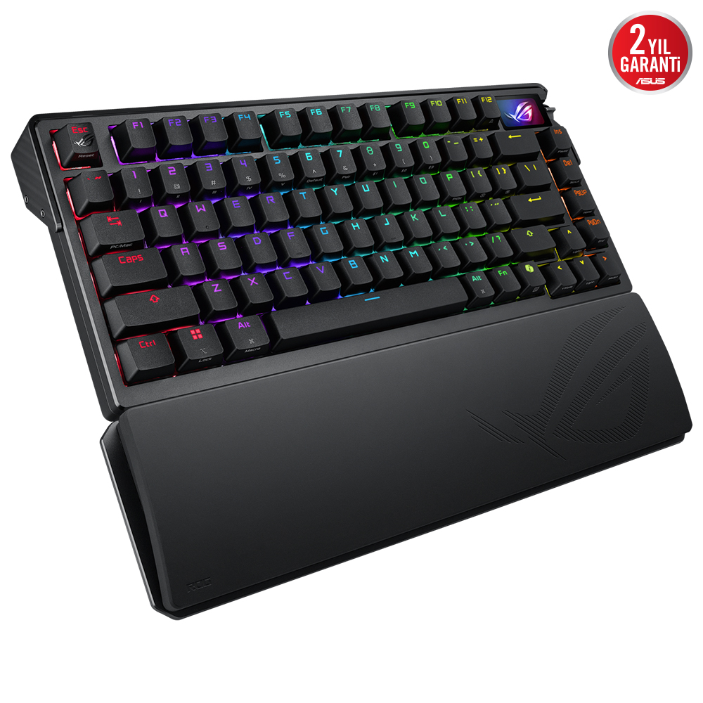 RGB aydınlatmalı tuşlara ve bilek desteğine sahip siyah oyuncu klavyesi.
