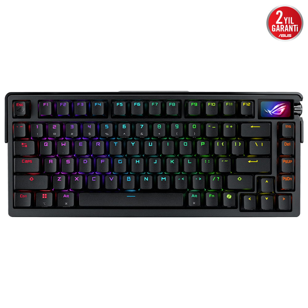 ASUS ROG logolu, RGB aydınlatmalı siyah oyuncu klavyesi.