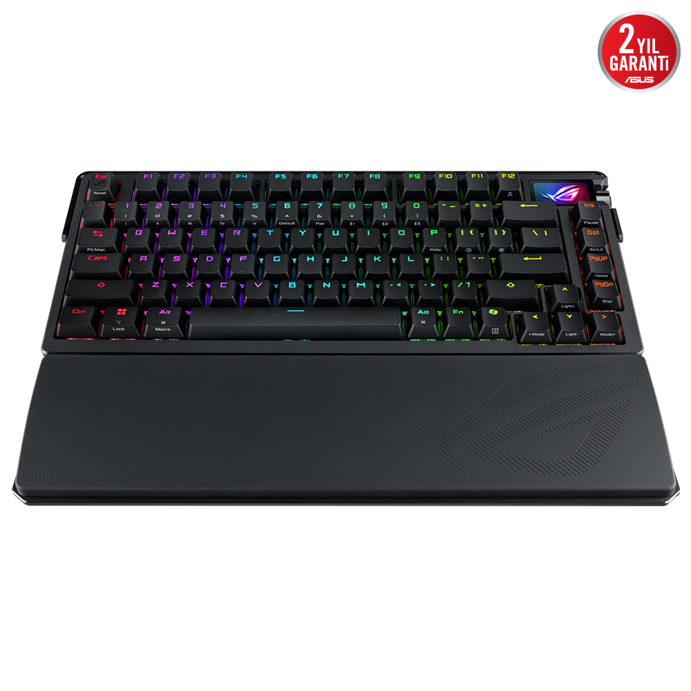 RGB aydınlatmalı ve çıkarılabilir bilek destekli siyah oyuncu klavyesi.