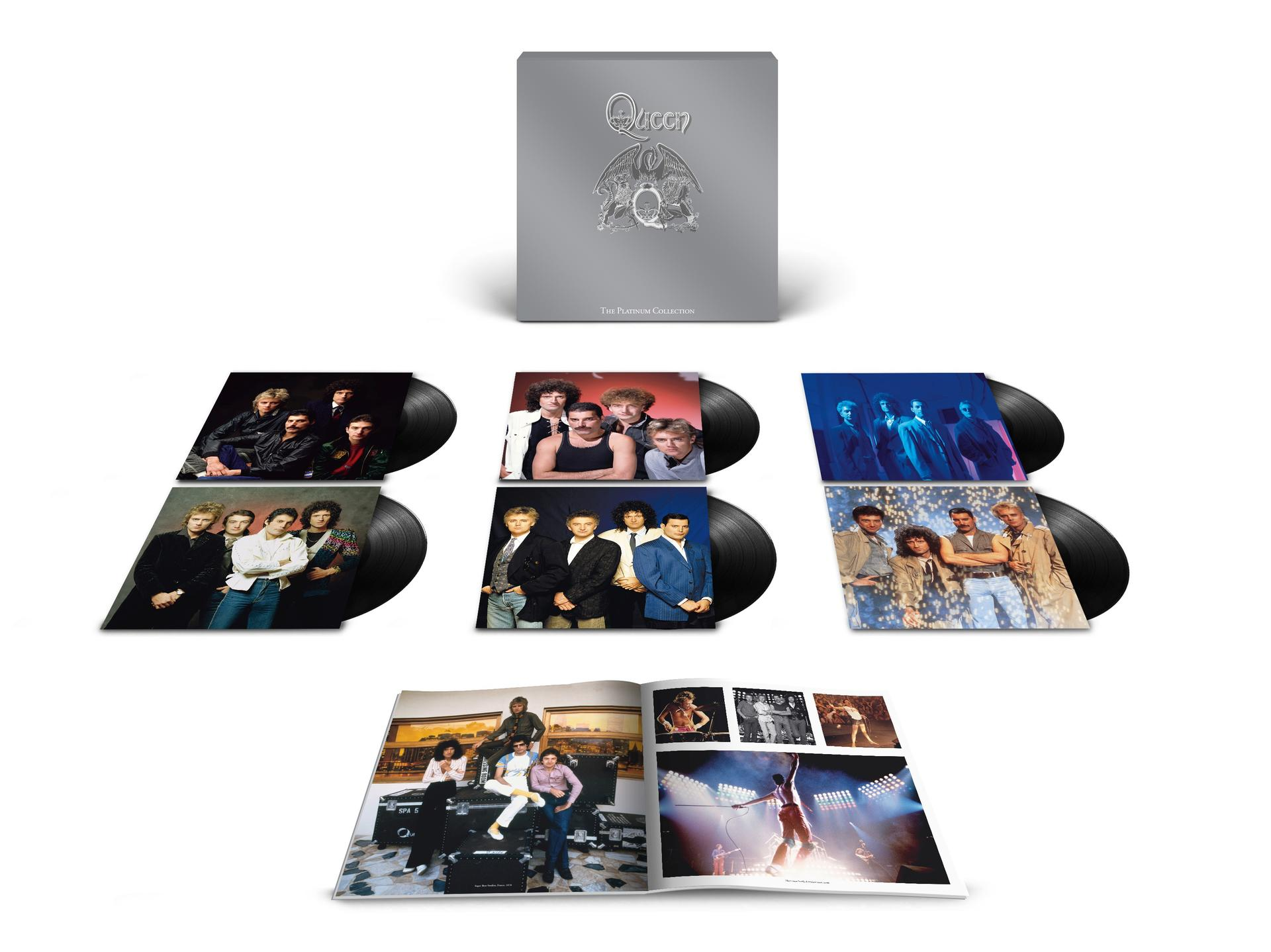 Queen box set with vinyl records and a book. Grey case with logo.