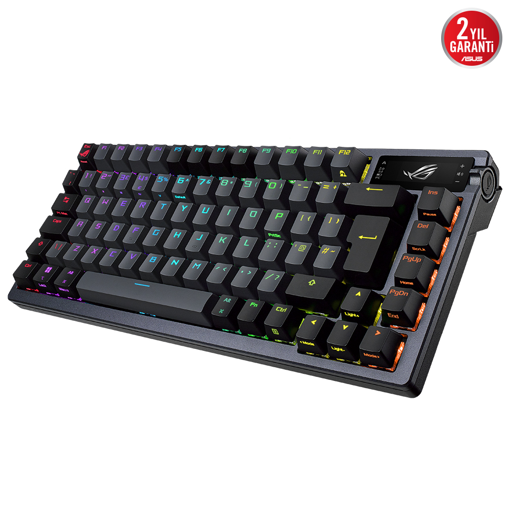 Sağ üstte küçük ekranlı, RGB aydınlatmalı siyah mekanik klavye.