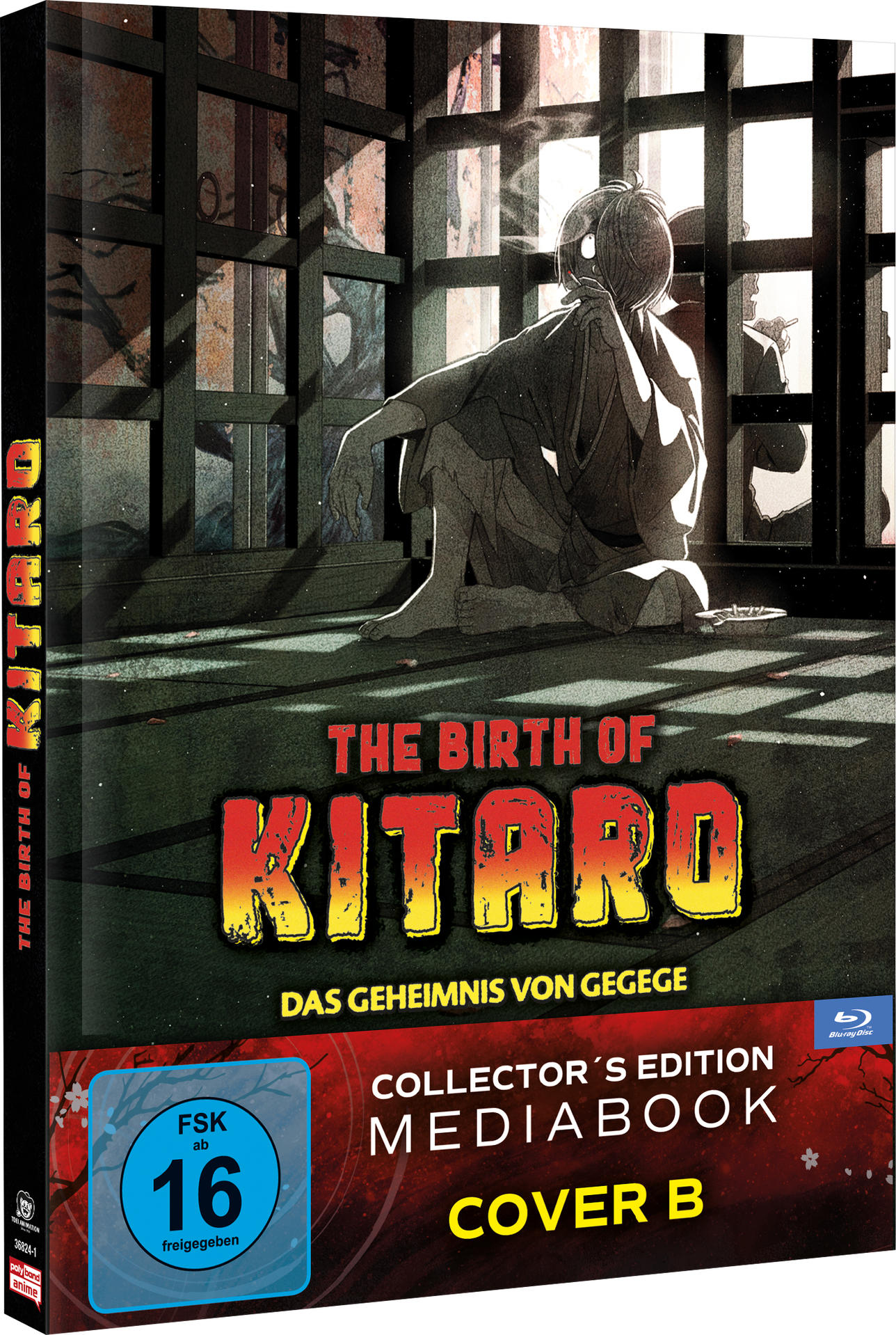Ein Anime-Cover zeigt eine Figur in einem Käfig, die raucht. Titel: The Birth of Kitaro.