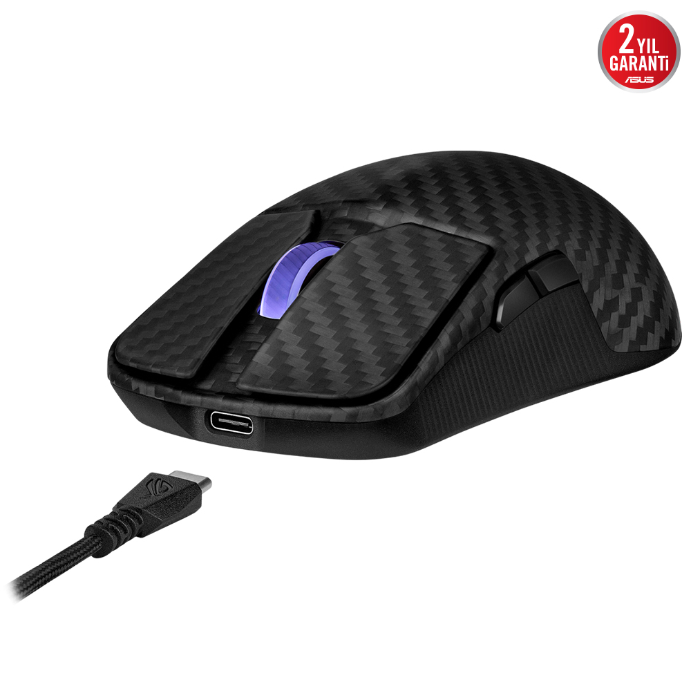 Karbon desenli siyah oyuncu faresi, mavi tekerlek ve USB-C bağlantı noktası.