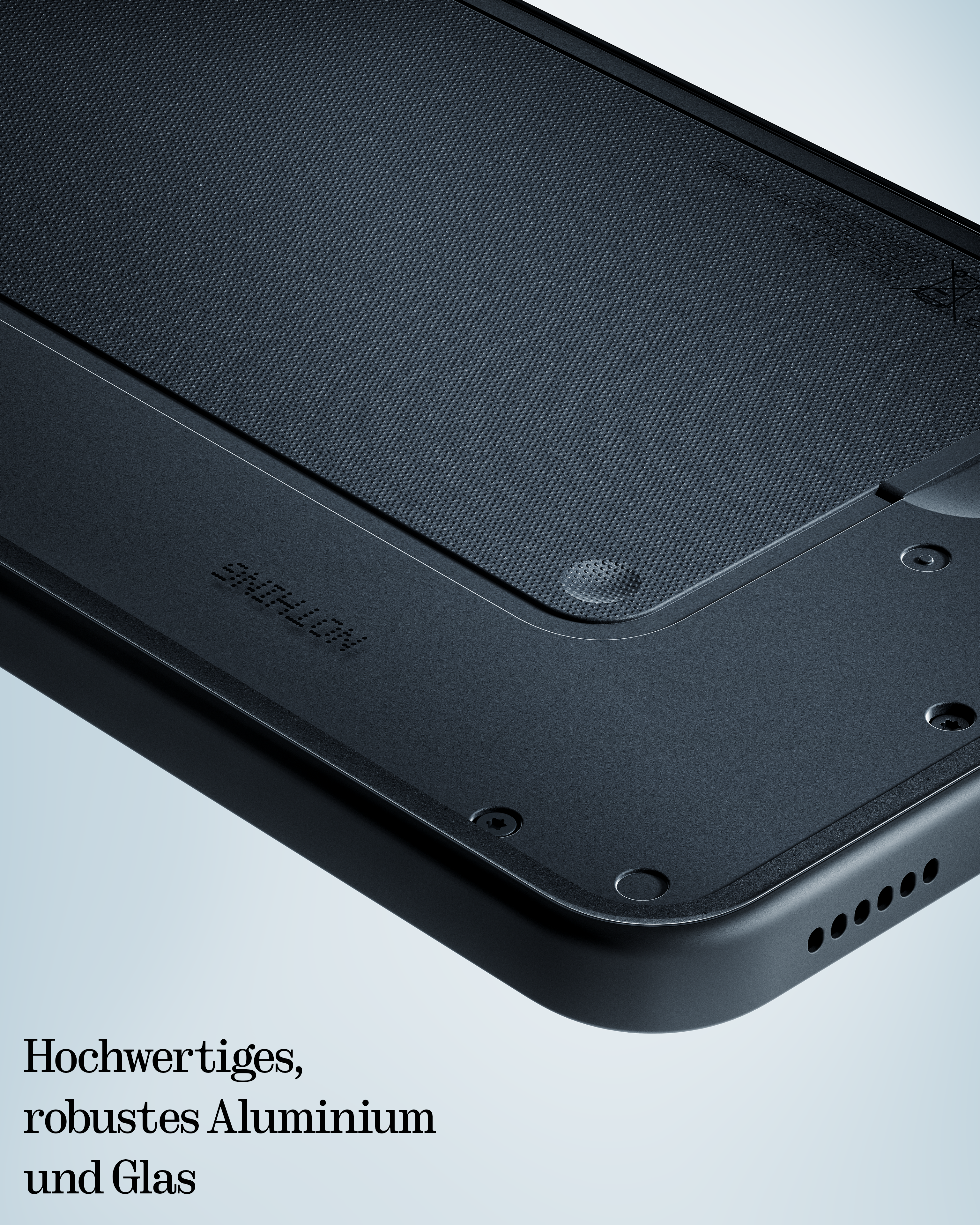 Custodia grigio scuro per smartphone con motivo e viti.