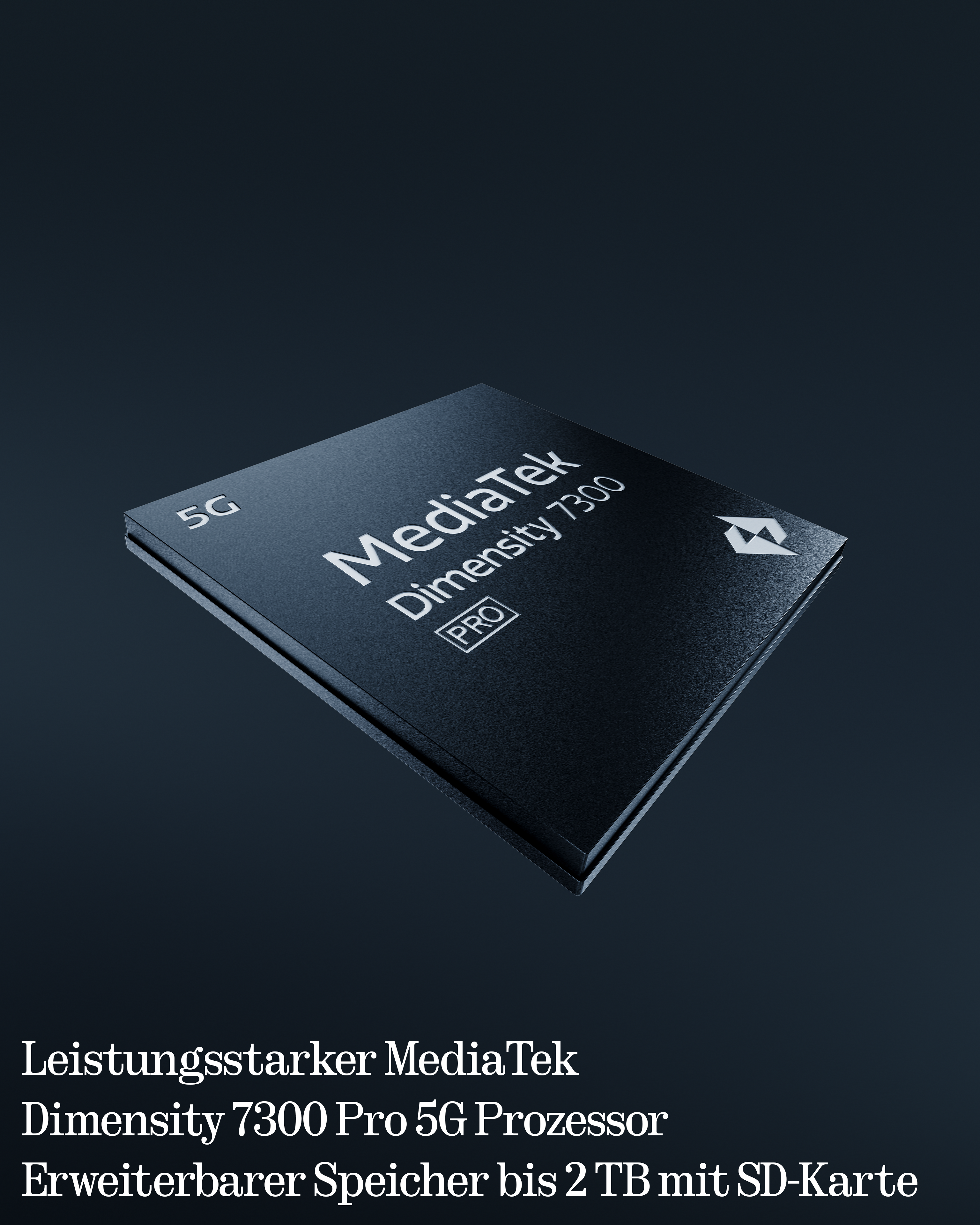 Un chip scuro con la scritta MediaTek Dimensity 7300 Pro 5G.