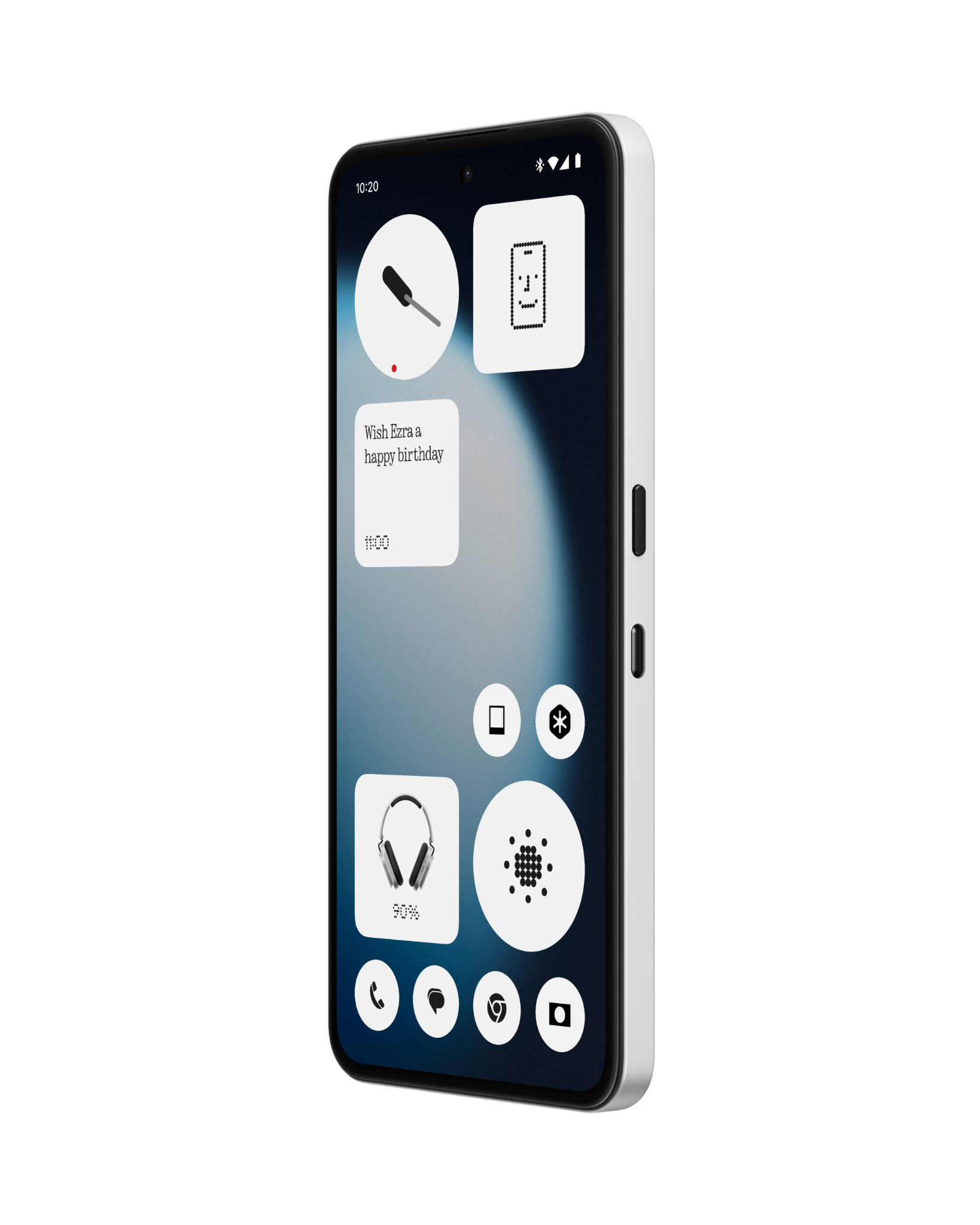 Écran d'accueil du smartphone avec widgets : tournevis, visage, casque, musique et calendrier.