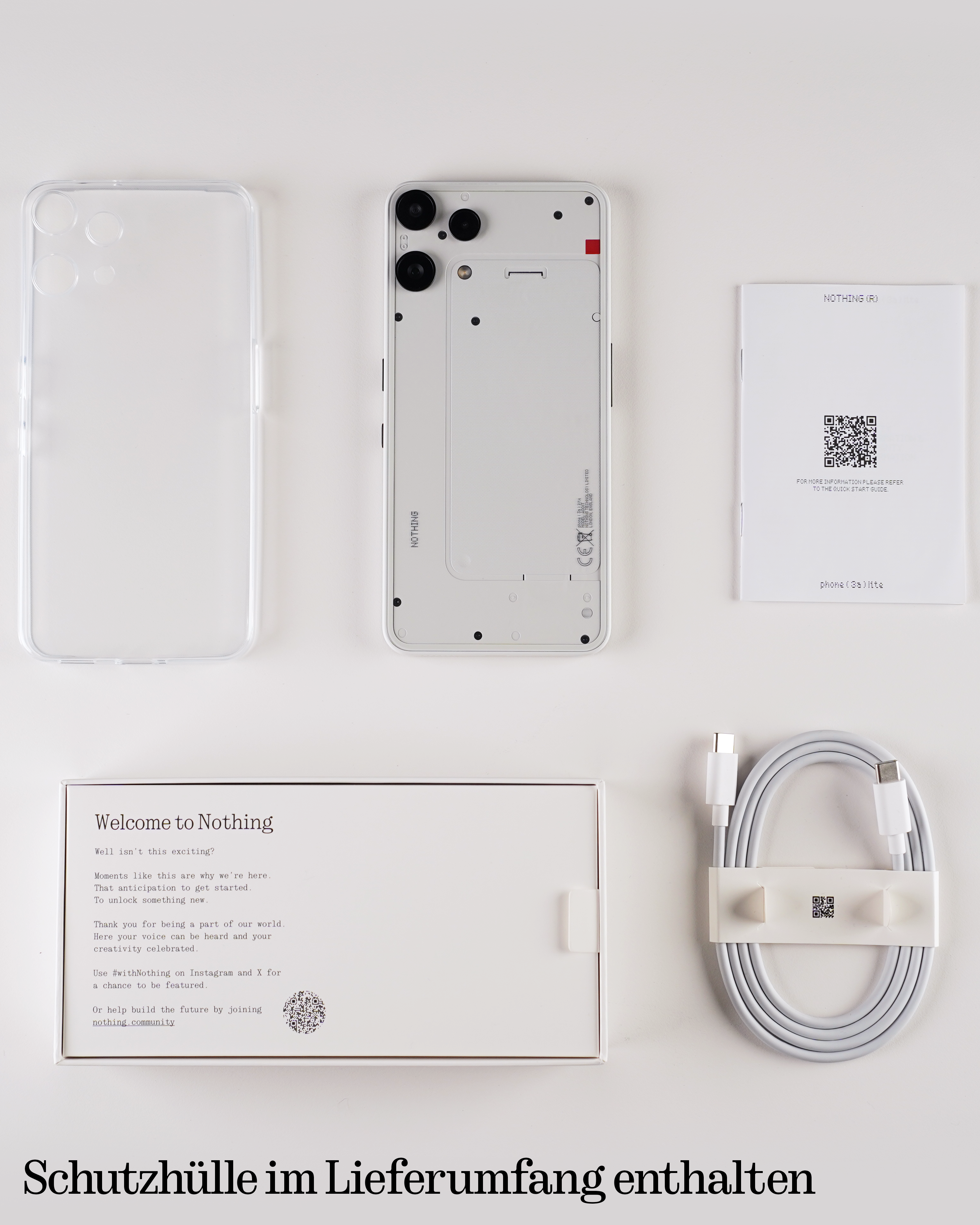 Téléphone Nothing, coque, câble et guide sur fond blanc.