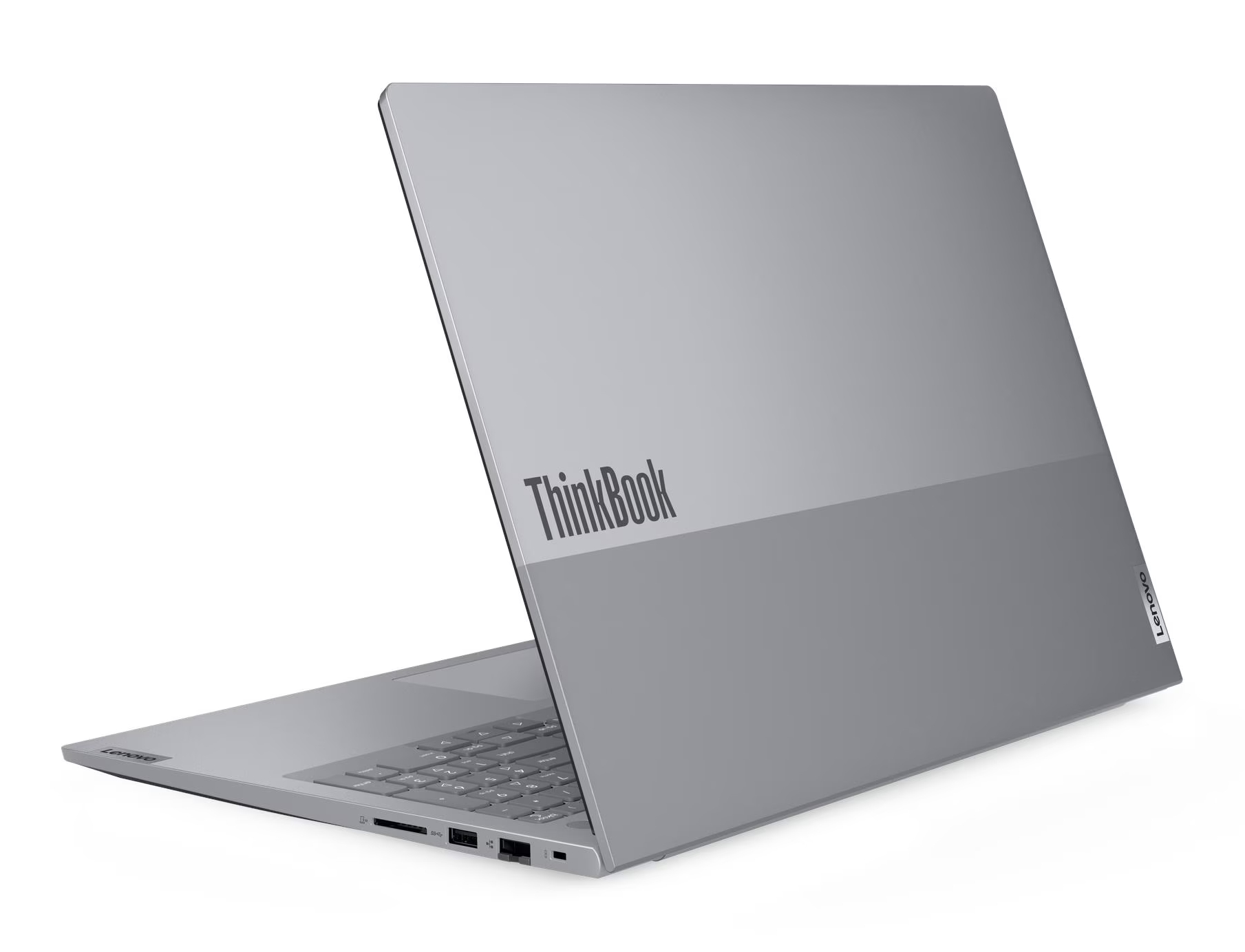 Szary laptop Lenovo ThinkBook otwarty na białym tle.