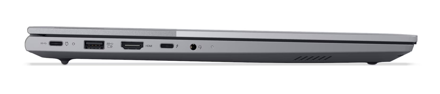 Bok srebrnego laptopa z portami: USB-C, USB-A, HDMI, Thunderbolt, gniazdo słuchawkowe.