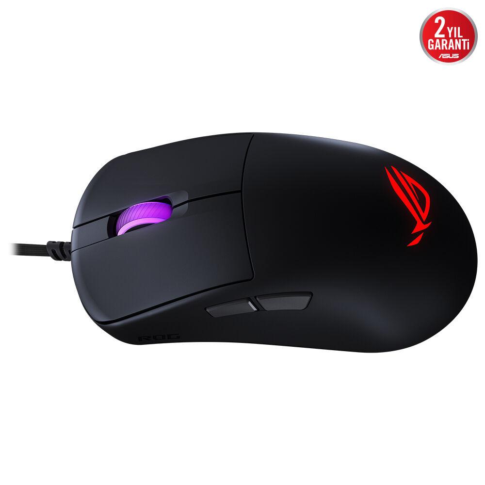 Kırmızı ROG logosu ve mor kaydırma tekerleği olan siyah fare, beyaz zeminde.