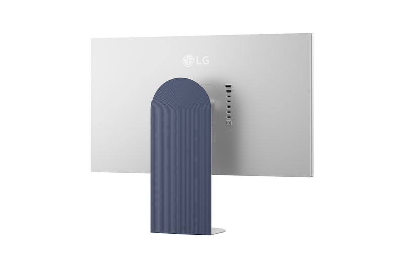 Widok z tyłu białego monitora LG z niebieską podstawą i portami.