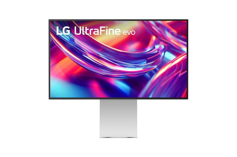 Monitor LG UltraFine evo z kolorowym, abstrakcyjnym tłem.