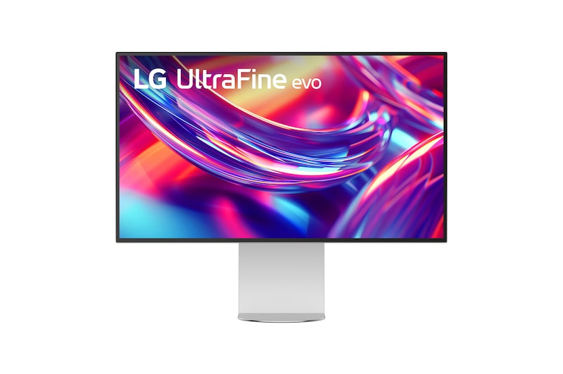Monitor LG UltraFine Evo wyświetlający abstrakcyjne, kolorowe tło.