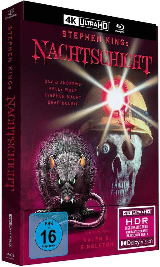 Horrorfilm-Cover: Ratte und Totenkopf mit Helm und Lampe. 4K Ultra HD.