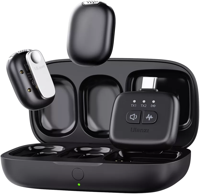 ULANZI A30 vezeték nélküli mini csiptetős mikrofon, 2 adó és 1 vevő, USB-C, lightning, fekete (UL-A014GBB1)