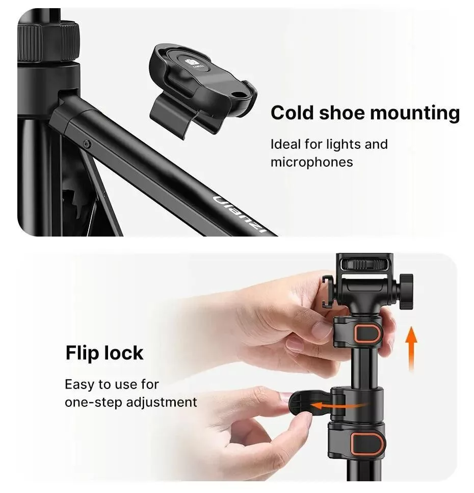 Fekete állvány vakusín tartóval és flip-lock mechanizmussal.