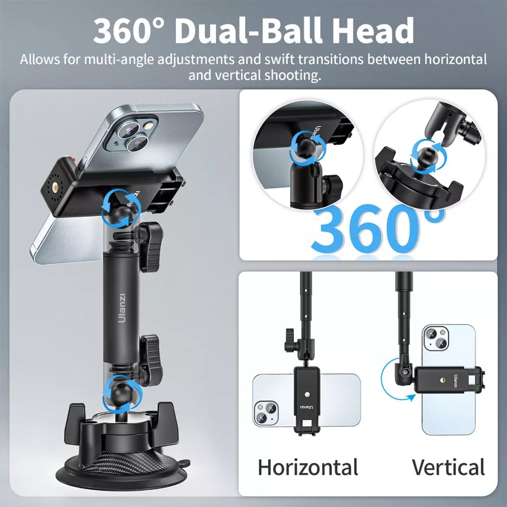 Telefontartó 360°-os gömbfejjel, vízszintes és függőleges felvételekhez.