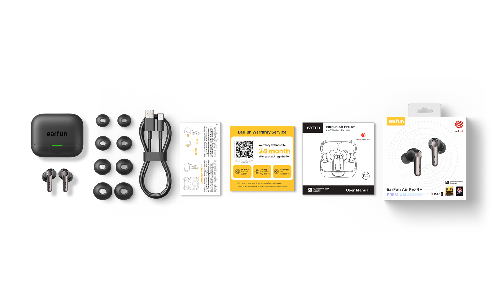 EarFun Air Pro 4+ fülhallgató töltőtokkal, kábellel, fülillesztékekkel és kézikönyvekkel.