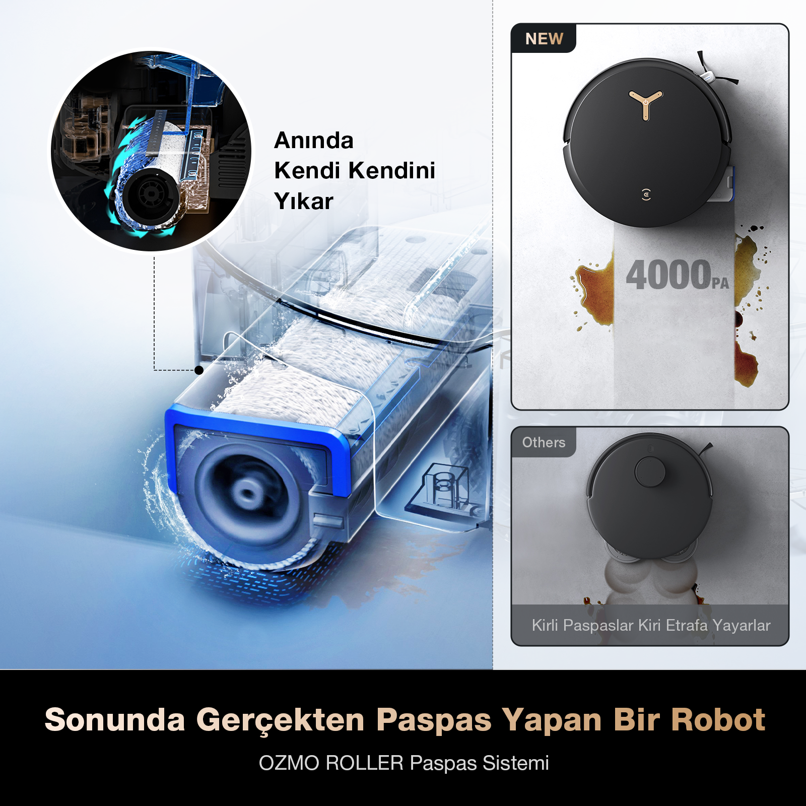 Kendini yıkayan paspaslı ve güçlü emişli robot süpürge.