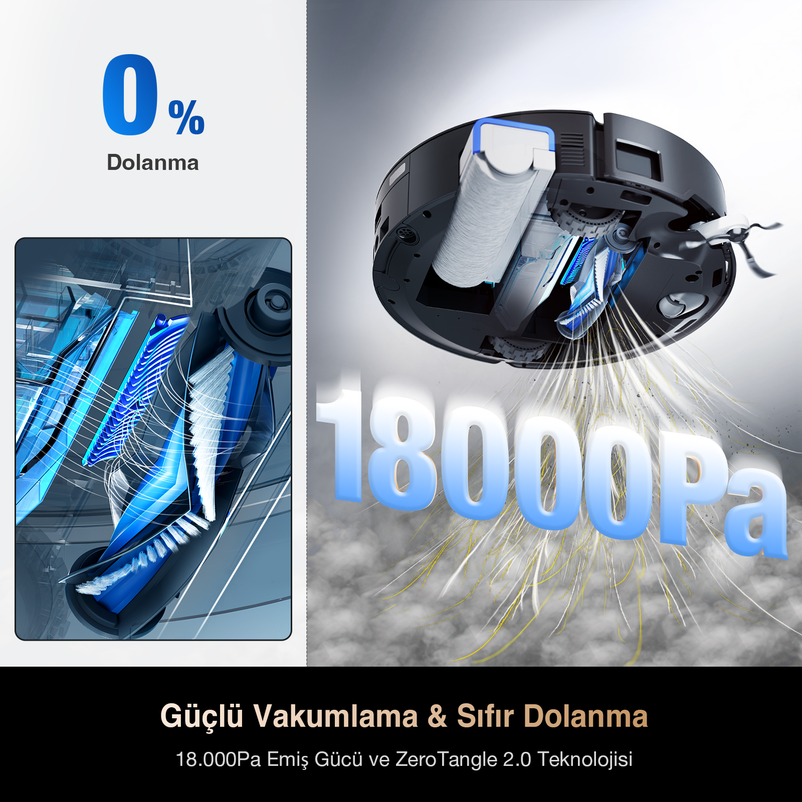18000Pa emiş gücüne ve fırça mekanizmasına sahip robot süpürge.