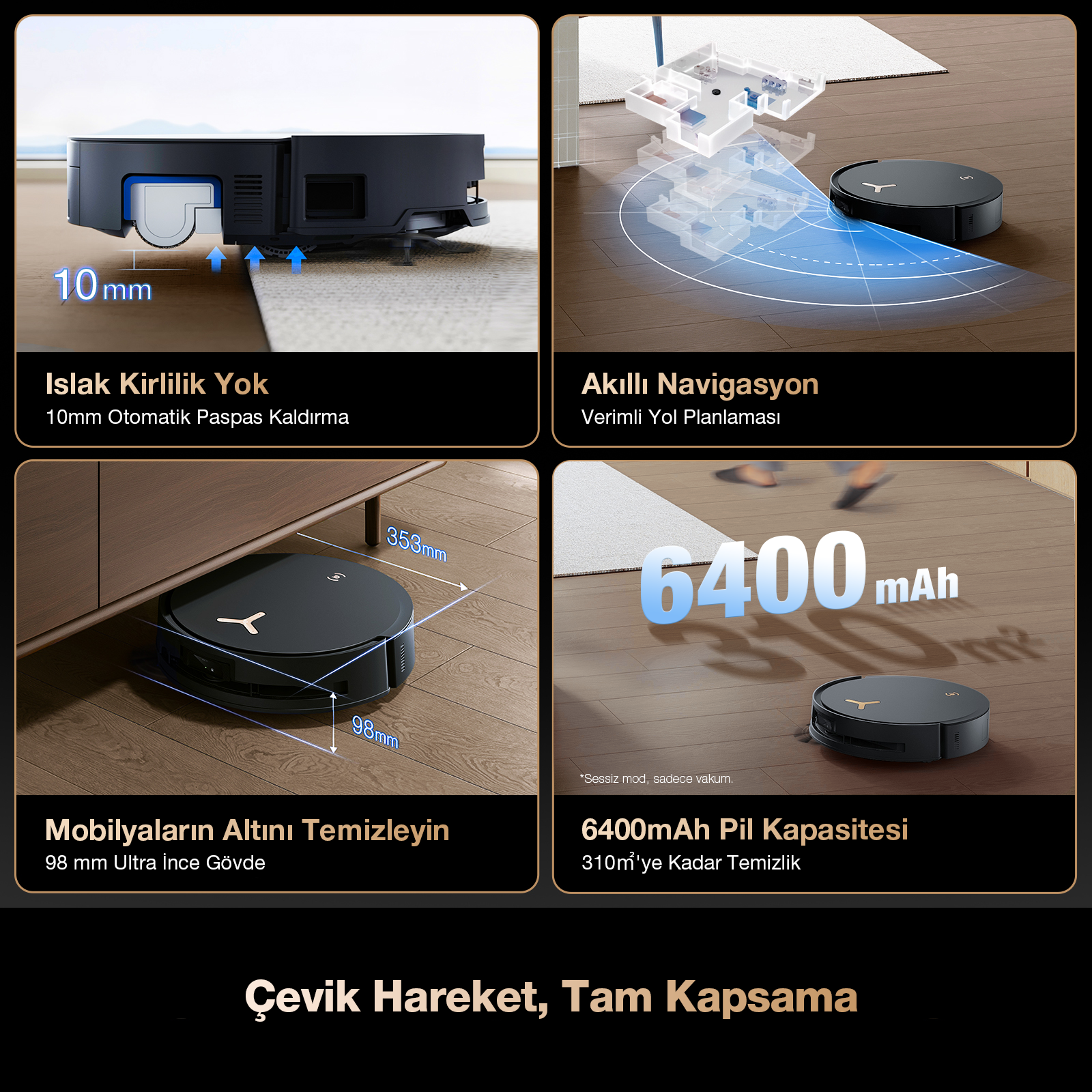 Robot süpürge paspası 10mm kaldırır. Robot süpürge planla navigasyon yapar. Robot süpürge mobilya altını temizler.