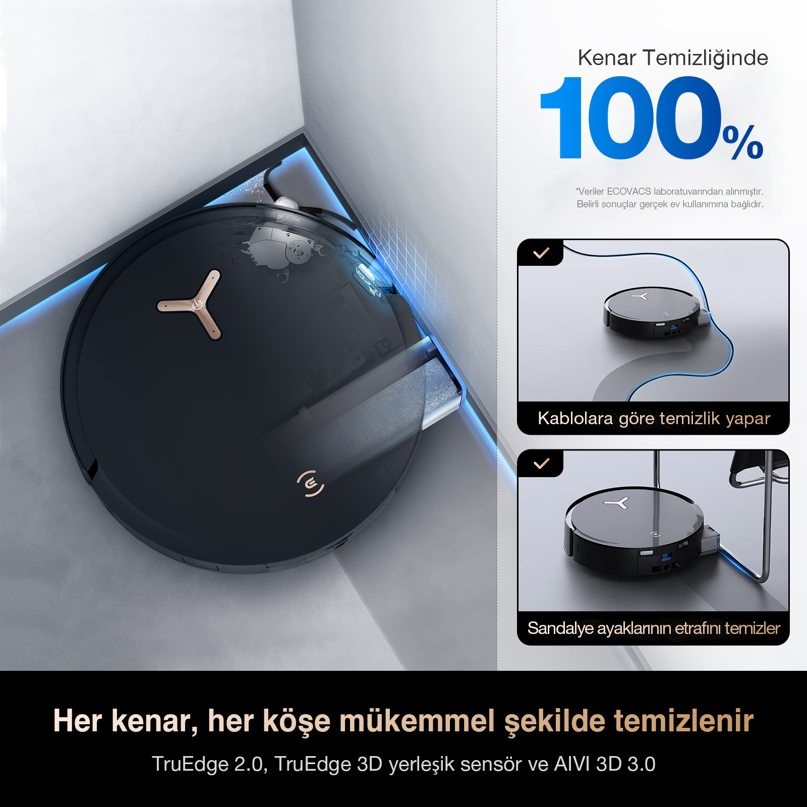 Siyah robot süpürge köşeyi temizliyor. %100 kenar temizliği gösteriyor.