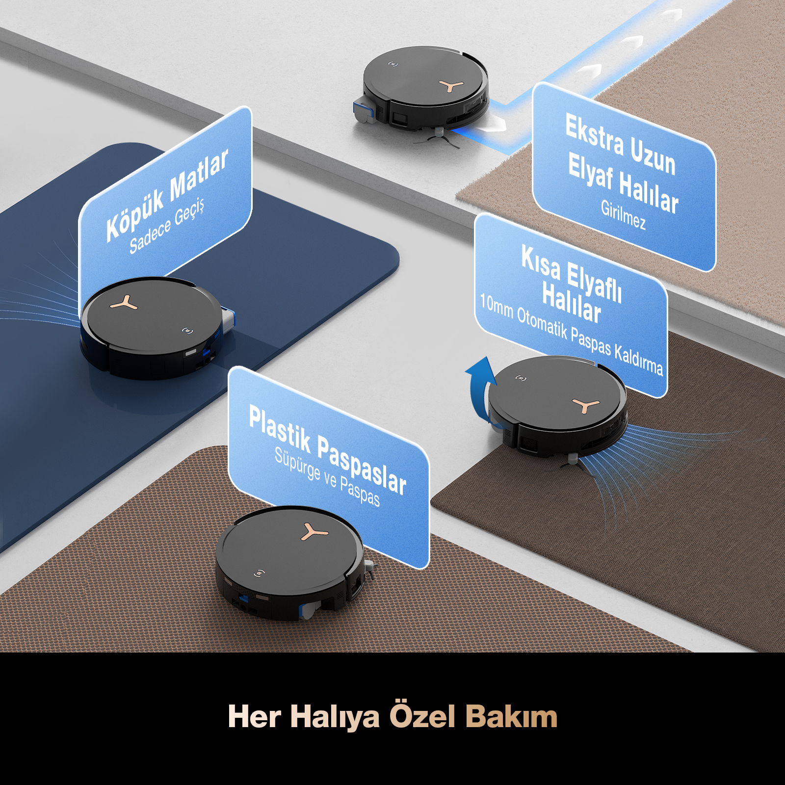 Robot süpürge çeşitli halı ve yüzeyleri temizler.