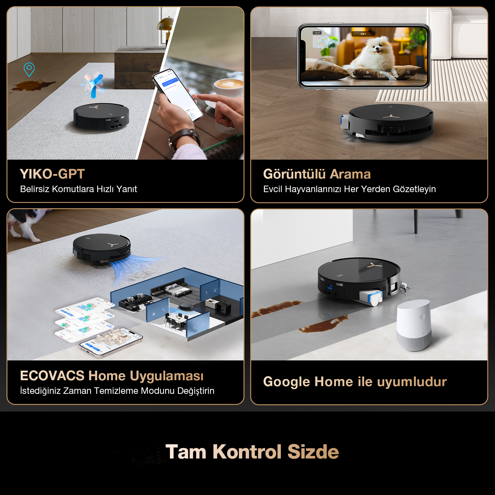 Uygulama kontrollü ve sesli asistan entegrasyonlu robot süpürge.