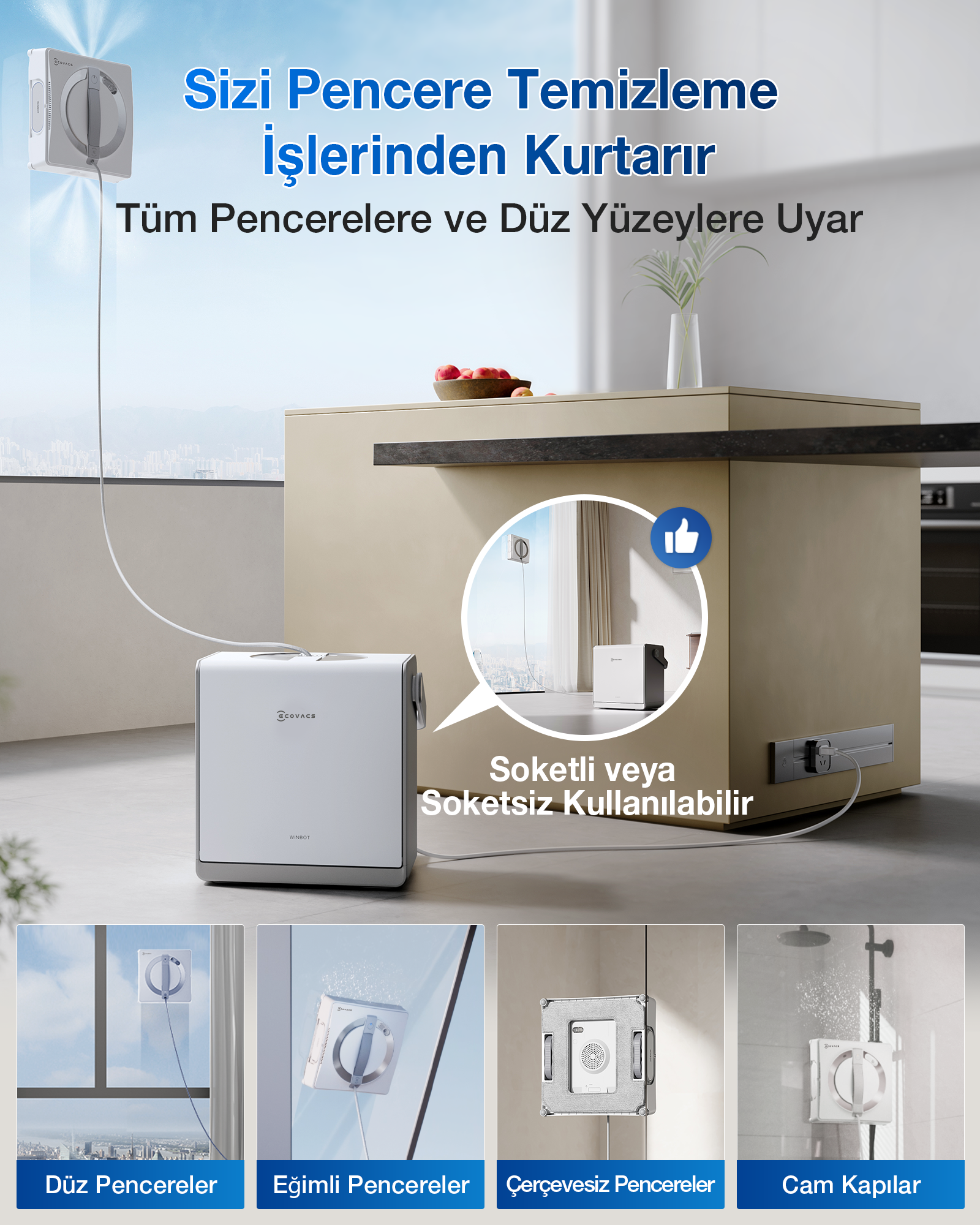 Pencere temizleme robotu pencereye takılı. Birden çok kullanım alanı gösteriliyor.