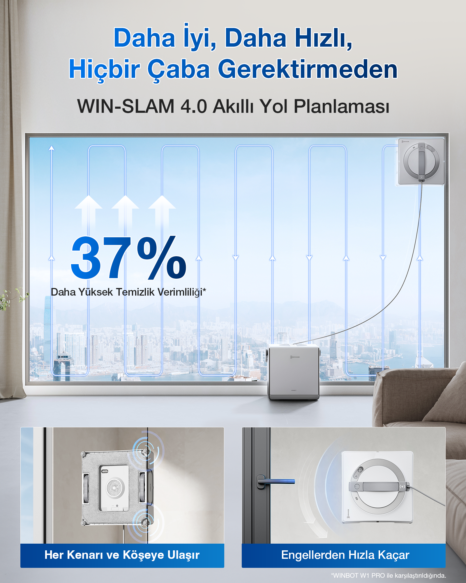Robot, akıllı rota planlama ve %37 daha yüksek verimlilikle pencereleri temizler.