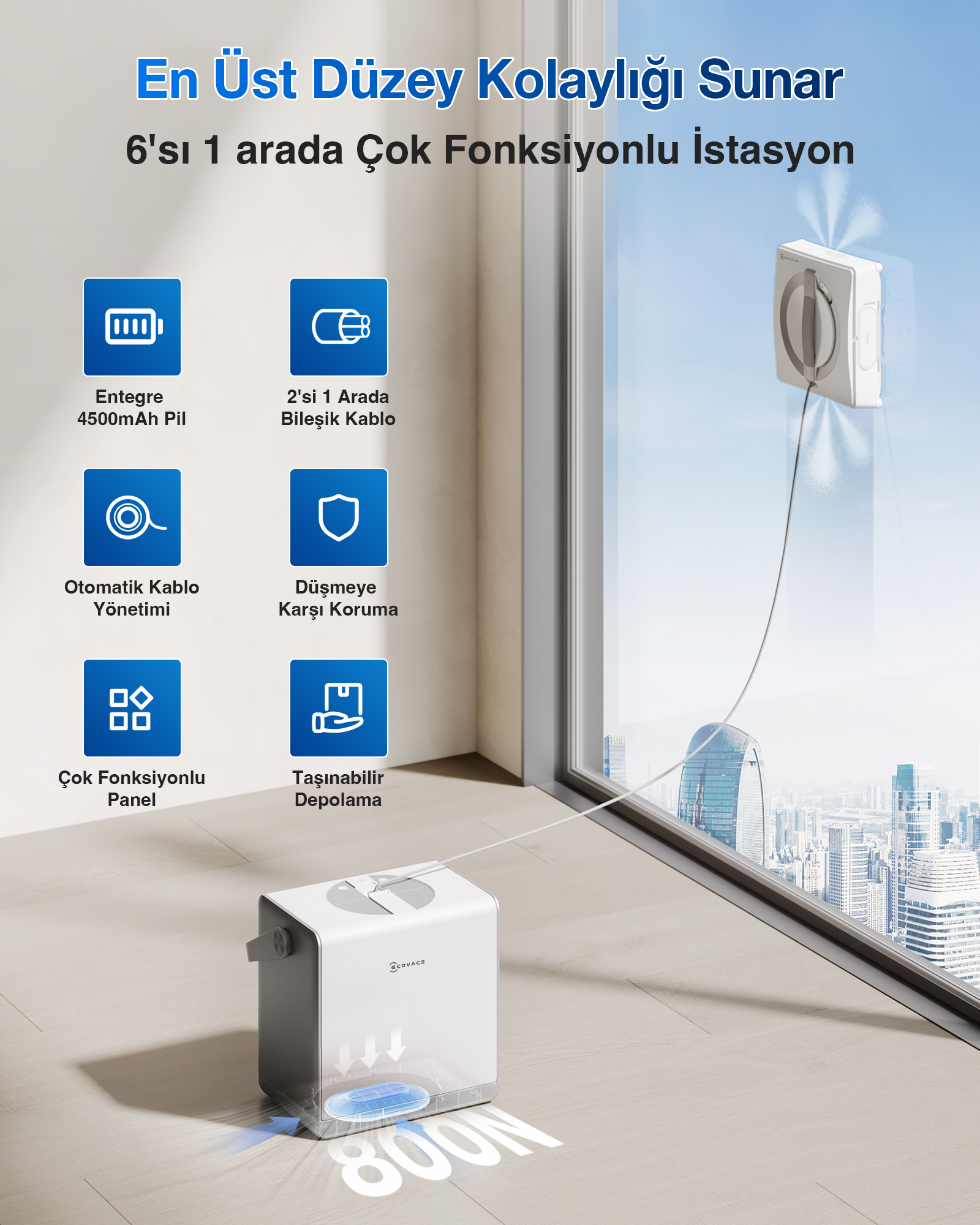 Pencere temizleme robotu, yerdeki bir ünite ile pencereye takılıdır.