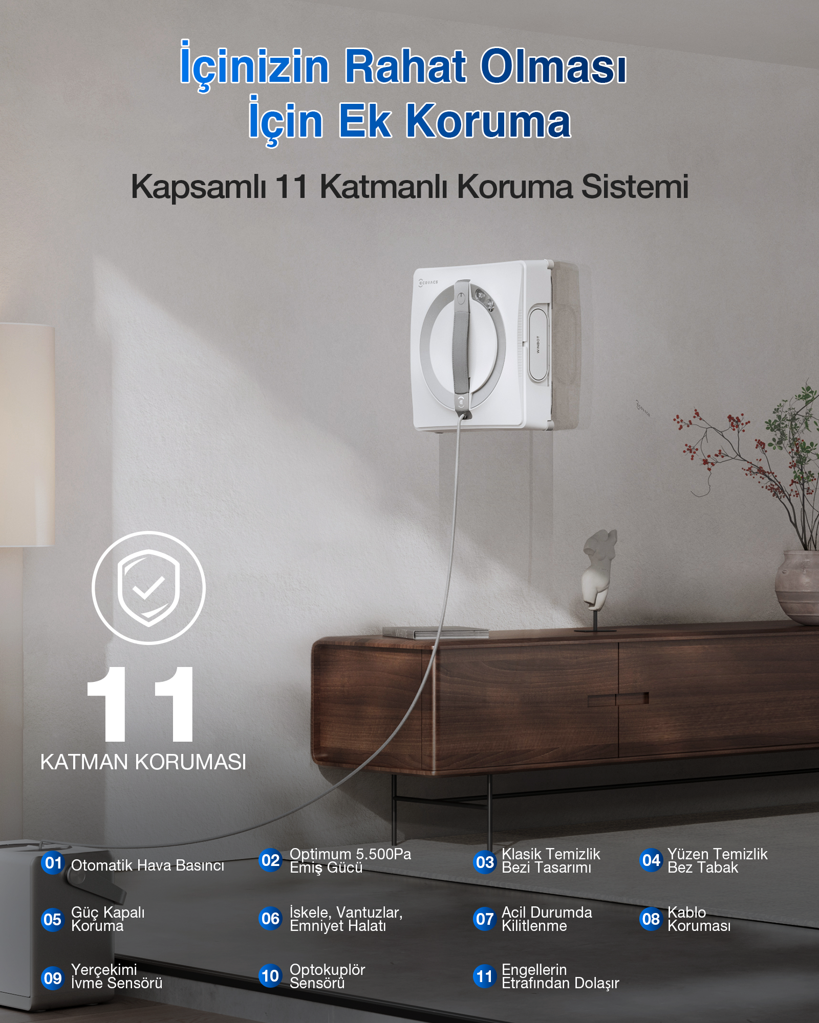 Vazo ve heykelin olduğu ahşap dolap önünde pencere temizleyen beyaz robot.