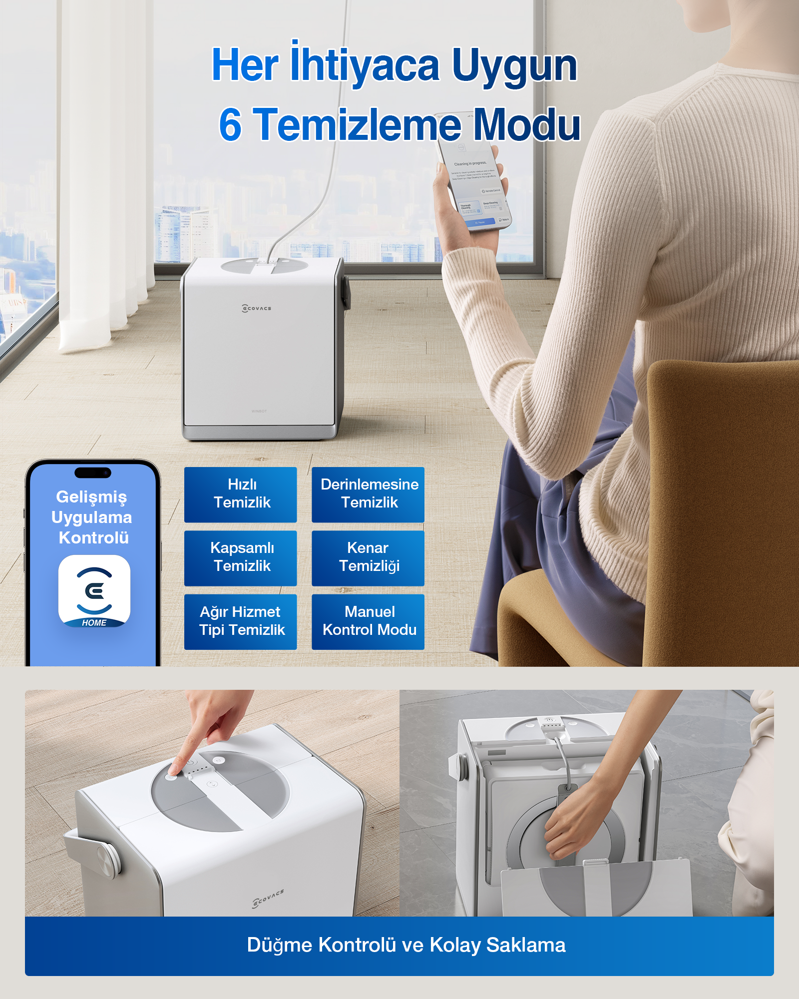 Uygulama kontrollü, çoklu temizleme modlarına sahip beyaz robot süpürge.