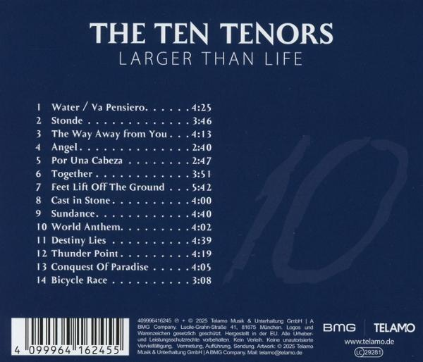 CD-Rückseite mit Titel "Larger Than Life" von The Ten Tenors, Songliste und Barcode.