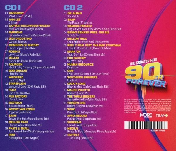 Zwei CD-Cover mit Titellisten für "90s Forever" auf Lila/Pink-Hintergrund.