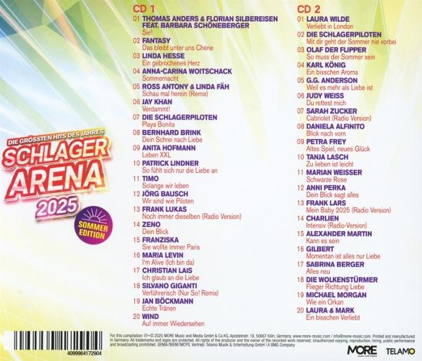 Cover mit CD-Listen für Schlager Arena 2025 Sommer Edition, mit Künstlernamen und Songtiteln.