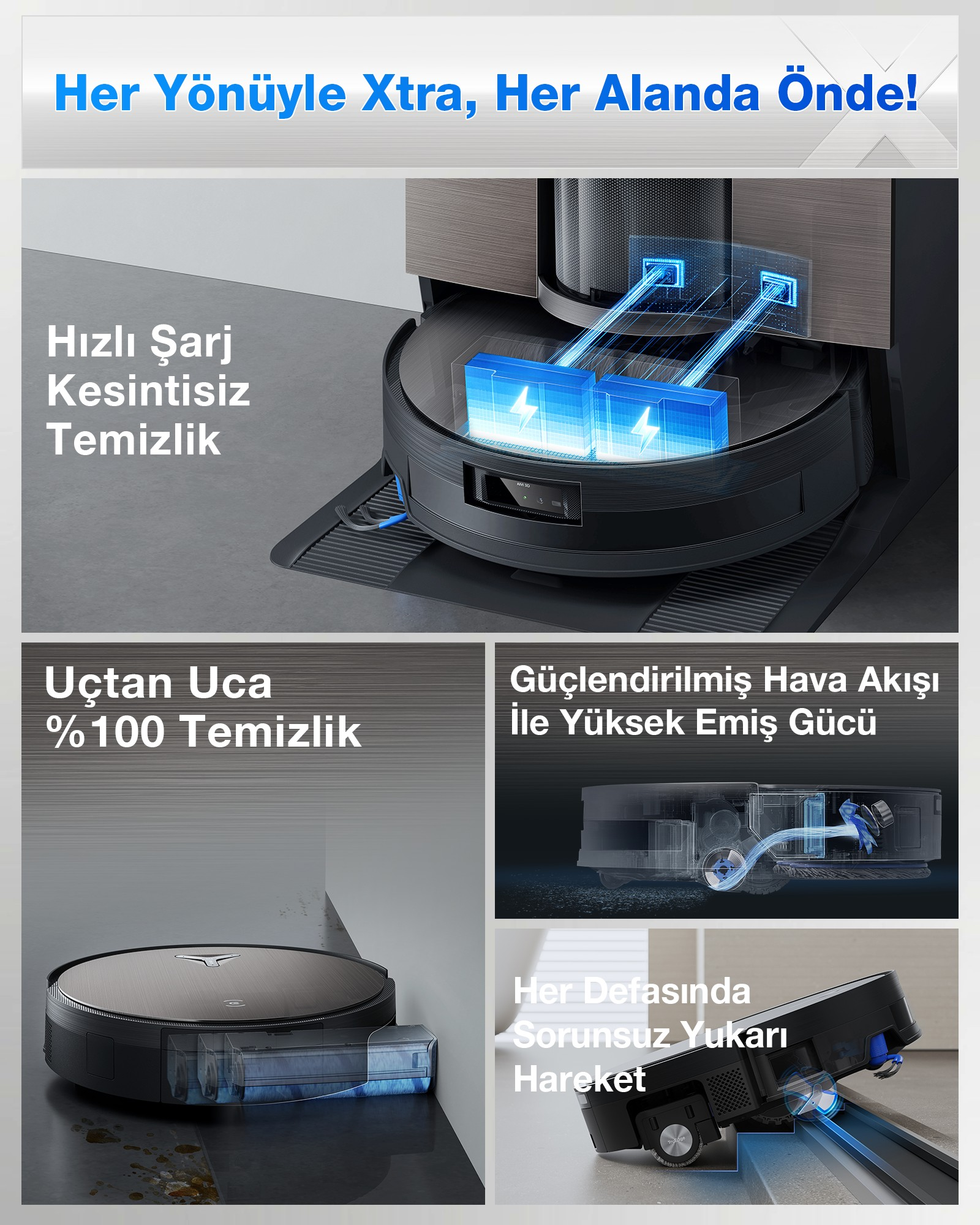 Robot süpürge şarj oluyor ve temizliyor. Şarj, emiş gücü ve engel aşmayı gösterir.