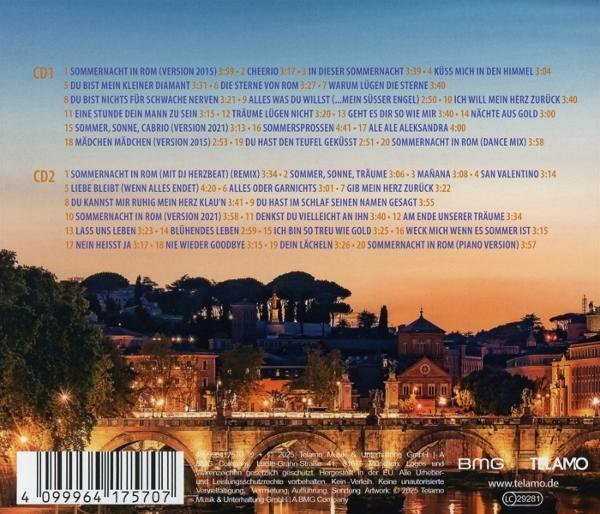 CD-Cover mit Songliste für CD1 und CD2 vor einer Rom-Skyline bei Sonnenuntergang.