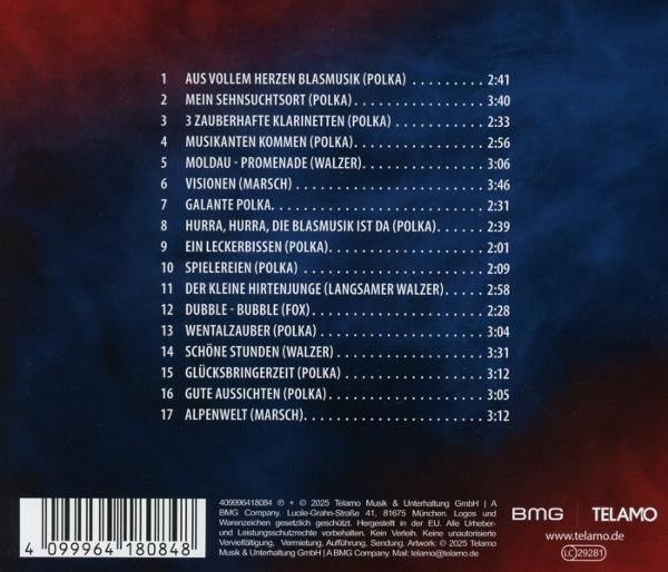 Rückseite eines Albums mit Titel- und Zeitliste in Weiß auf dunklem Hintergrund.