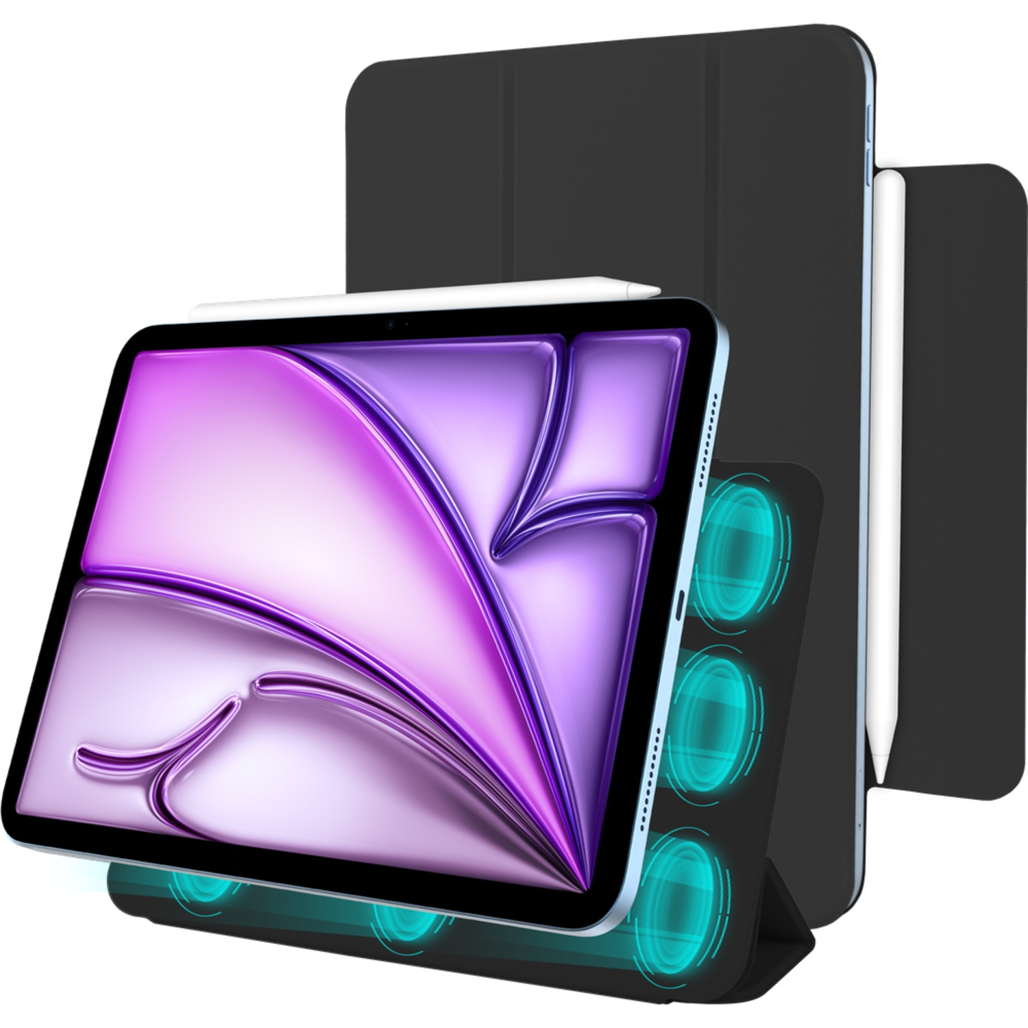 A tablet with a stylus on a charger with blue lights.