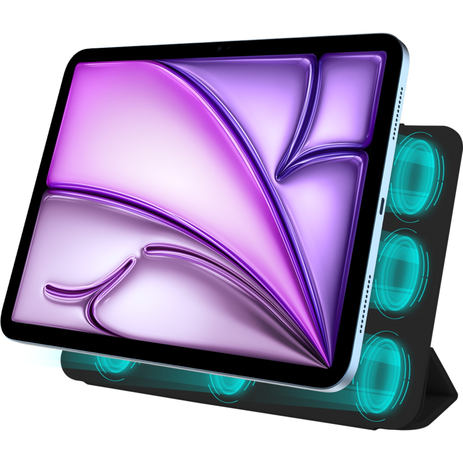 A tablet with a purple background on a black stand with glowing blue circles.