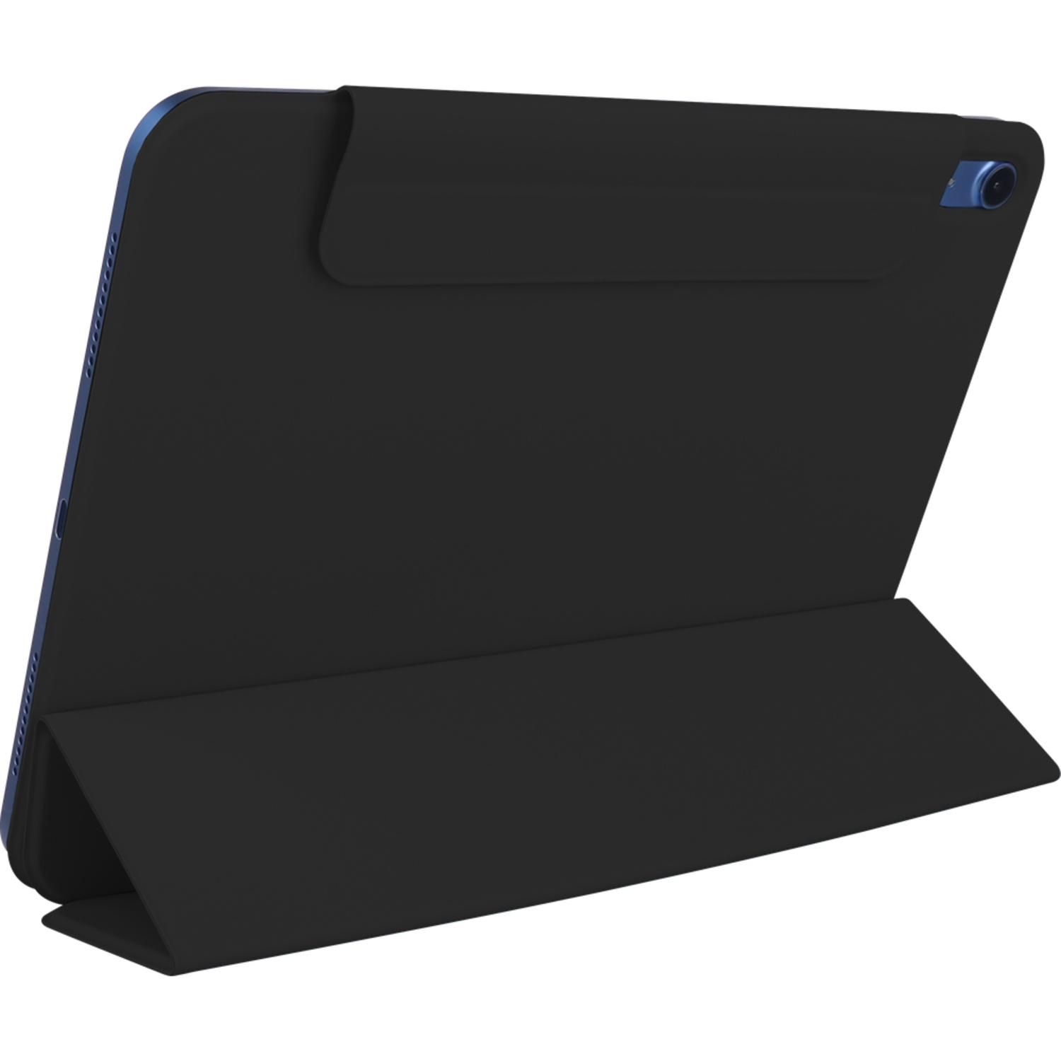 A black tablet stand with a blue trim stands on a white background.