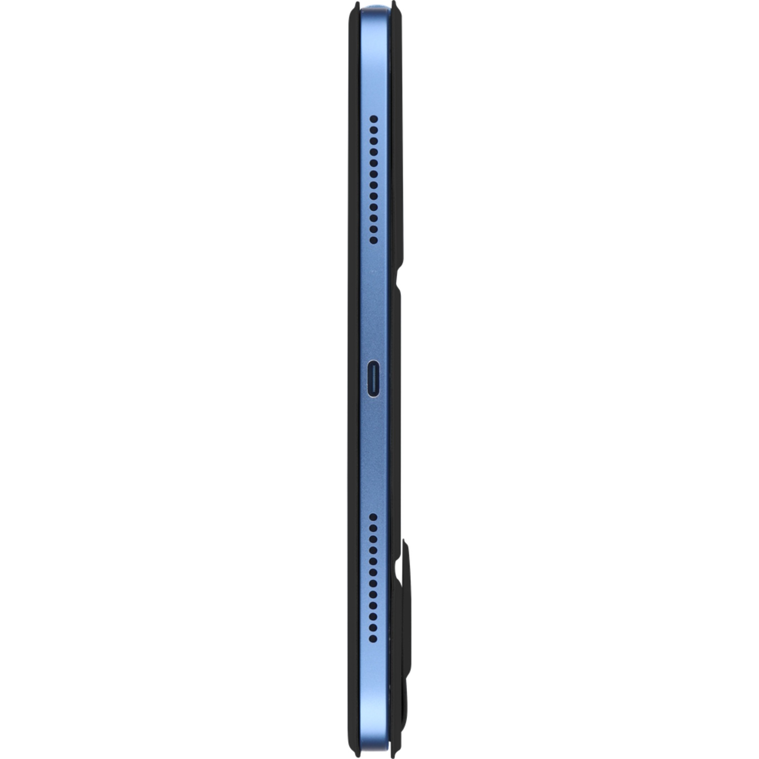 A blue tablet with a charging port and speaker holes.